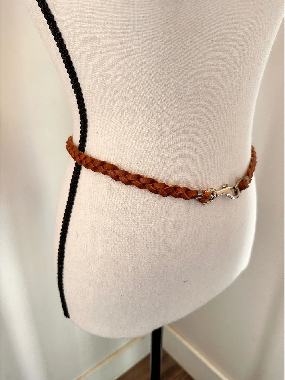 Vintage Brown Braided Leather Belt with Silver Clasp, 32 Inches